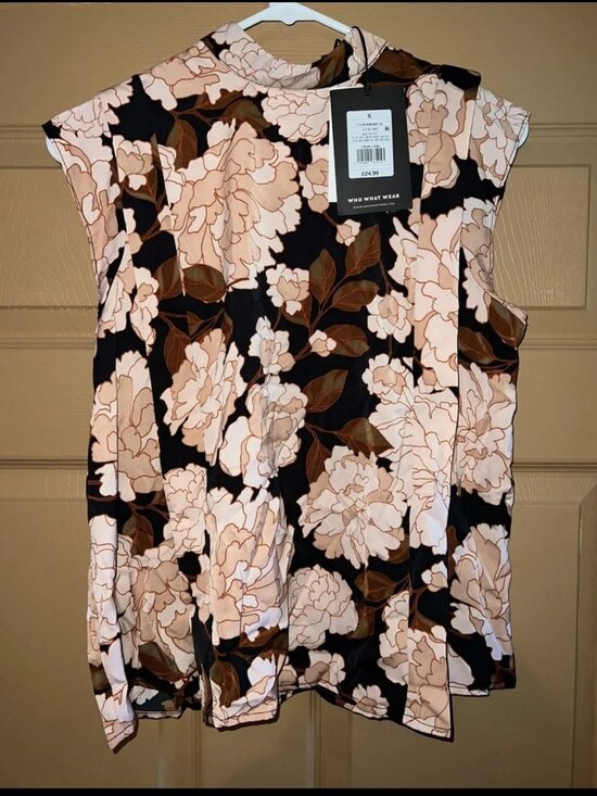 Tops - Floating Mums Floral Pink Peach Flowers Silky Cap Sleeve High Neck Blouse 2XL